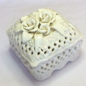 FINAL SALE PRICE Creamy Detailed Lidded Dish with Ribbons & Roses